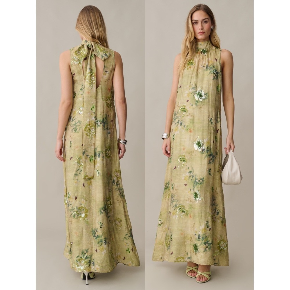 Sleeveless Floral Maxi Dress in Pale Olive with Neck Tie